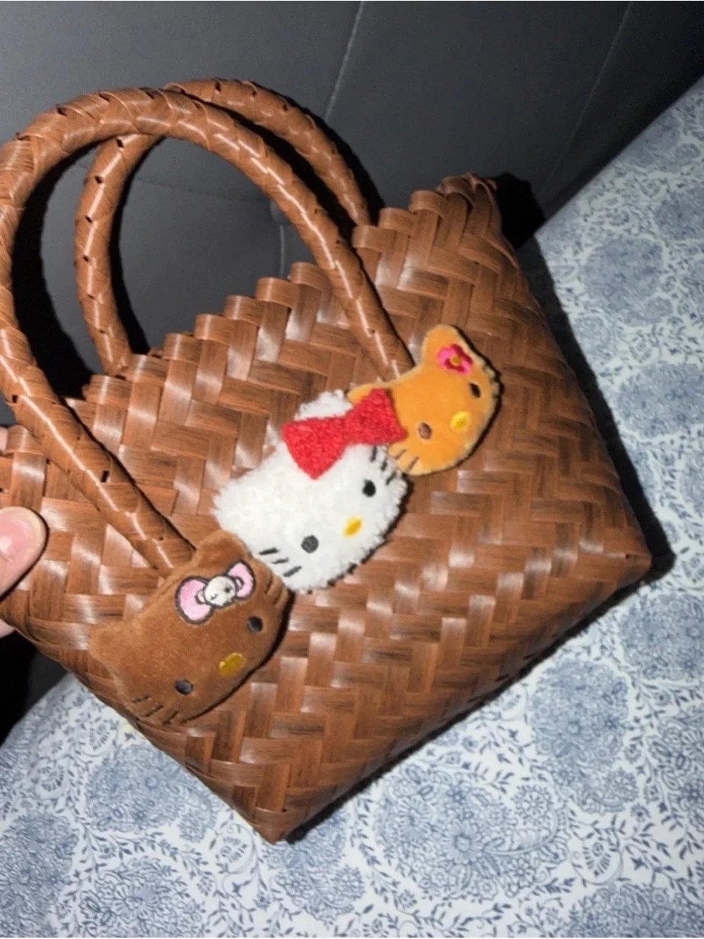 Hello Kitty Brown Woven Tote with Plush Character Charms